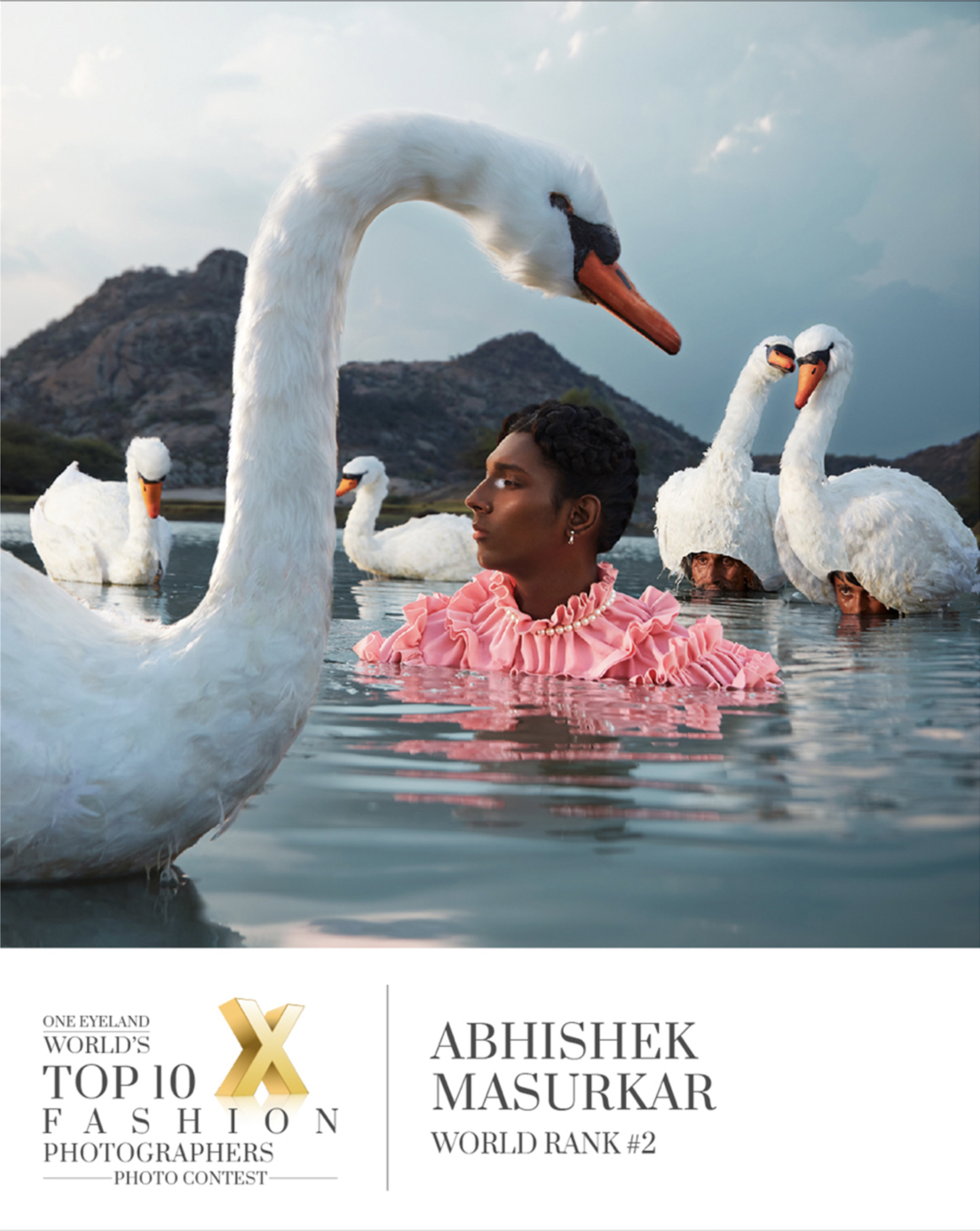 Fashion photograph with swans and a model above OneEyeland World's Top 10 Fashion Photographers 2022 World Rank #2 recognition